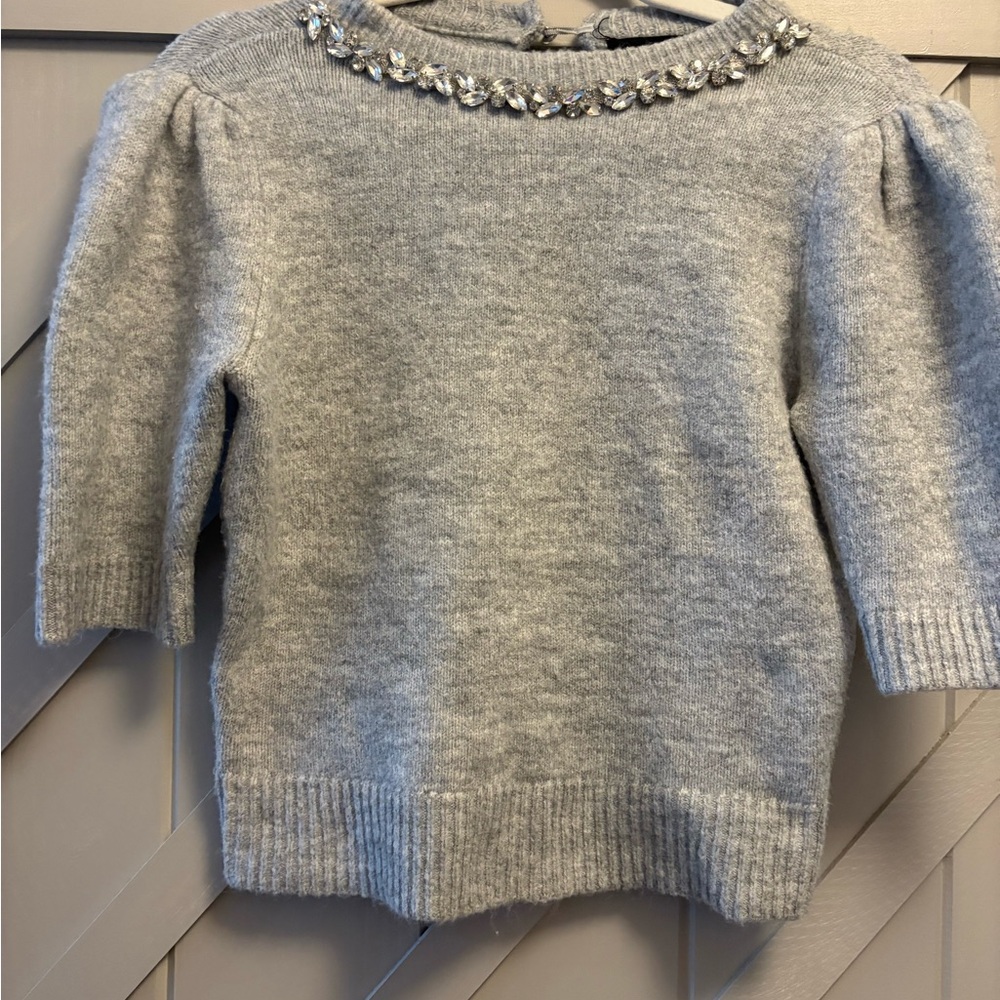 Marled Brand Gray Knit Sweater with faux Rhinestone Collar Accent.